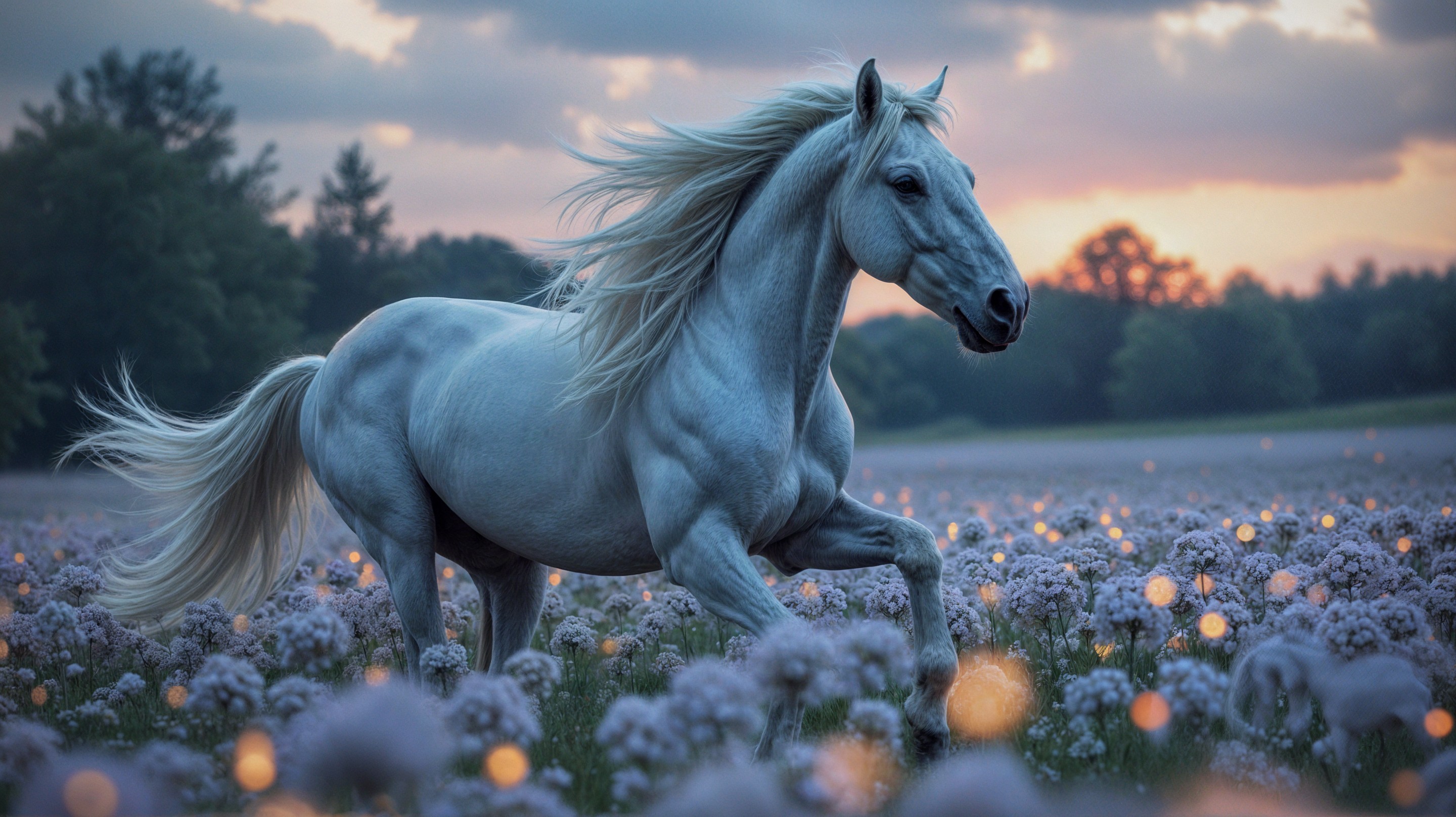 Majestic White Horse Galloping in Twilight Field
