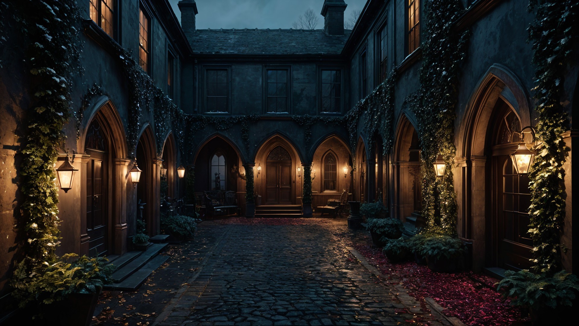 Mysterious Courtyard with Stone Arches and Ivy