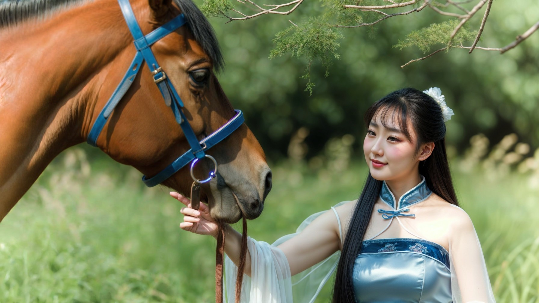 Young woman in traditional outfit with horse in nature