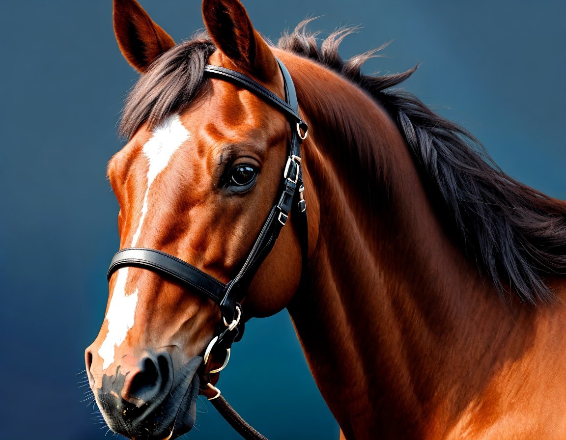 Chestnut horse with dark mane in black bridle against blue background