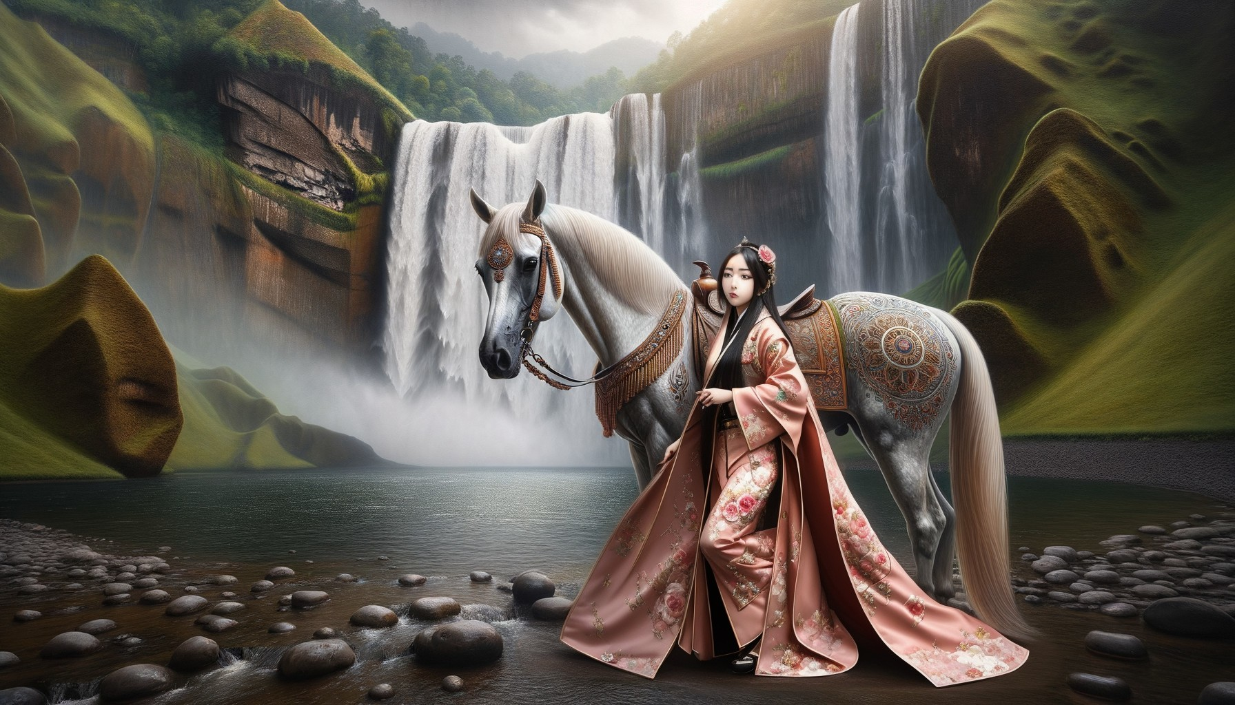 Serene Landscape with Waterfall and Kimono-clad Woman