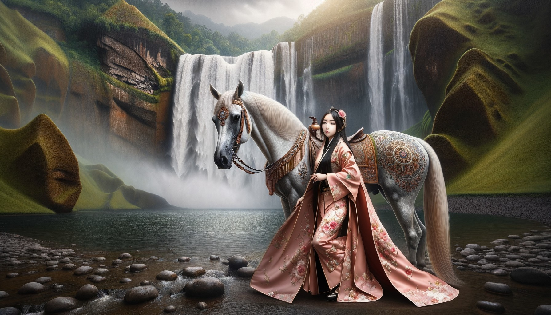 Majestic Waterfall and Elegant Horse