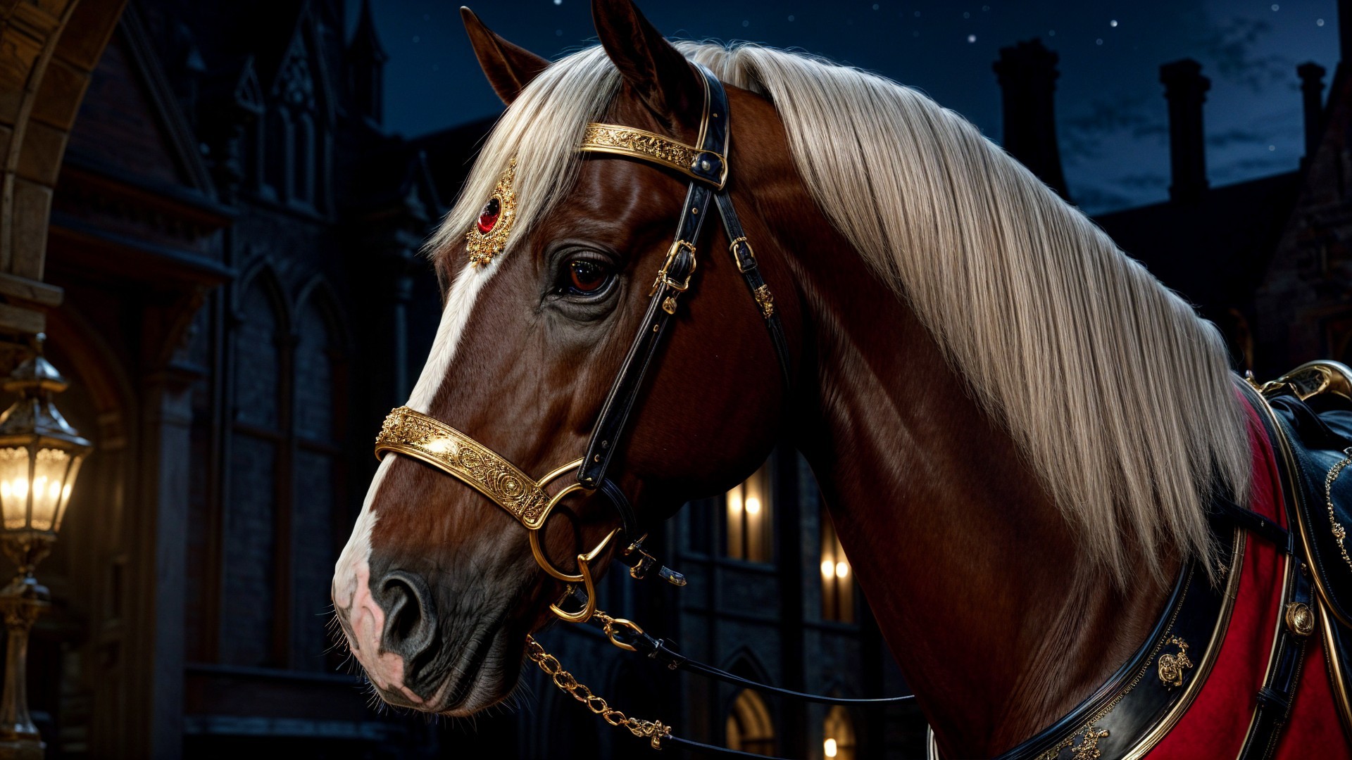 Majestic horse in ornate bridle in historical setting