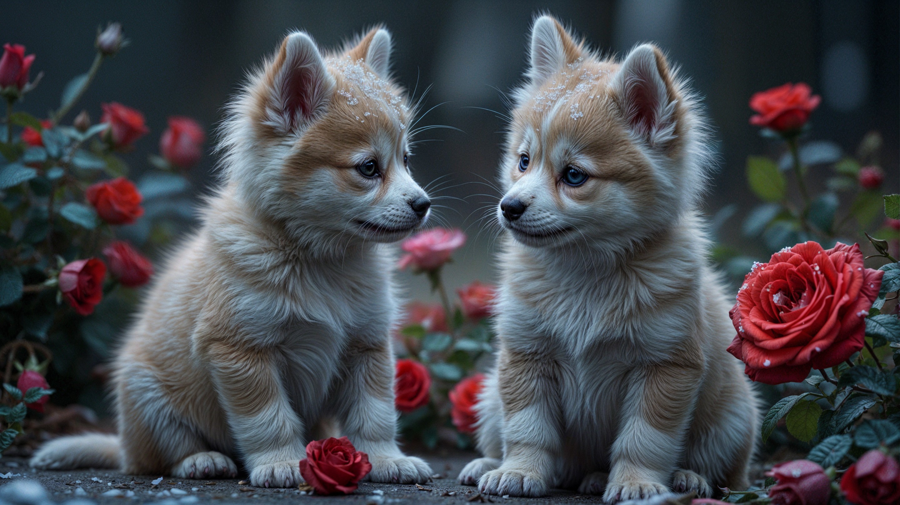 Fluffy Puppies Among Vibrant Red Roses and Water Droplets