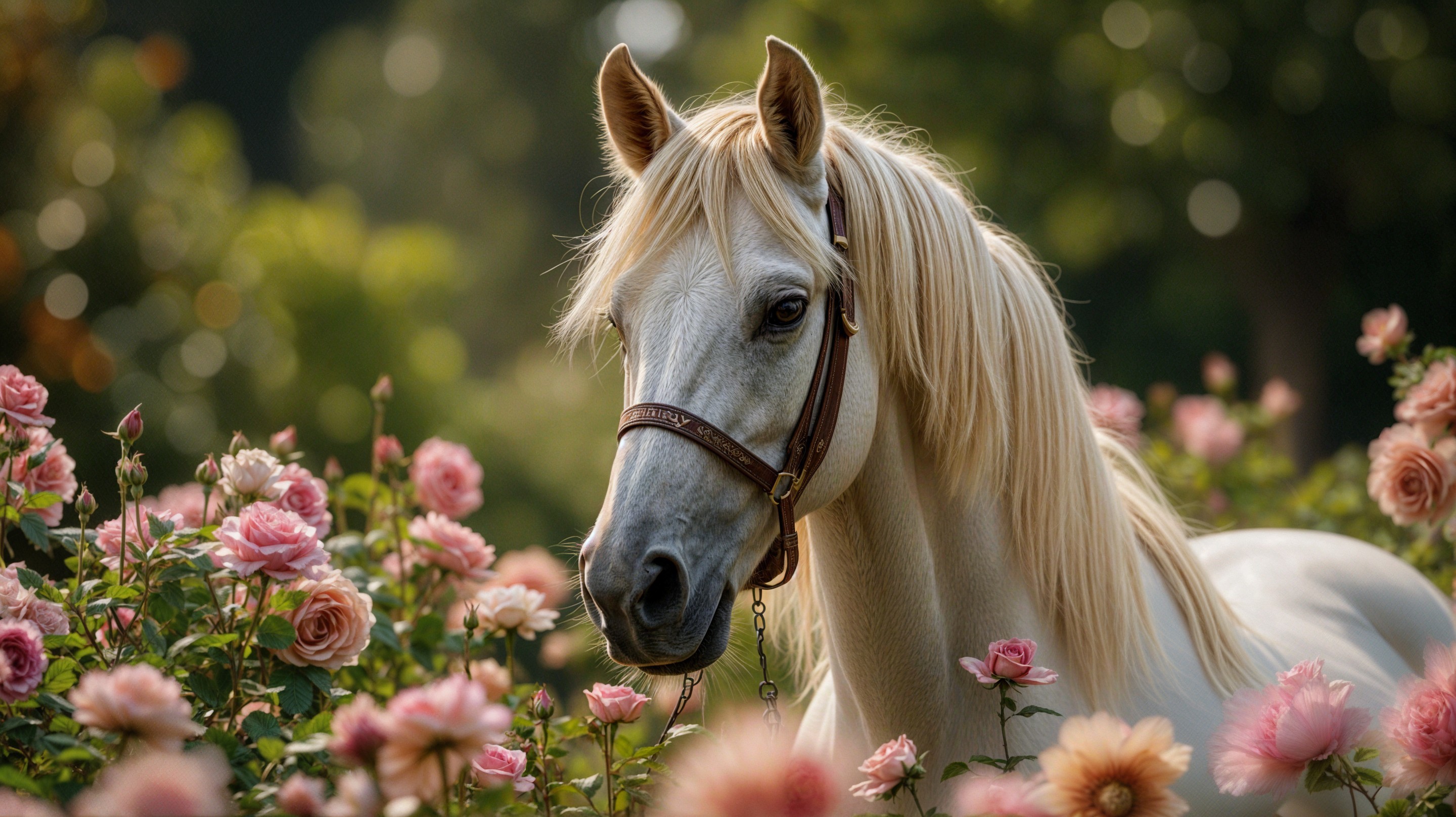 Majestic white horse in a blooming rose garden