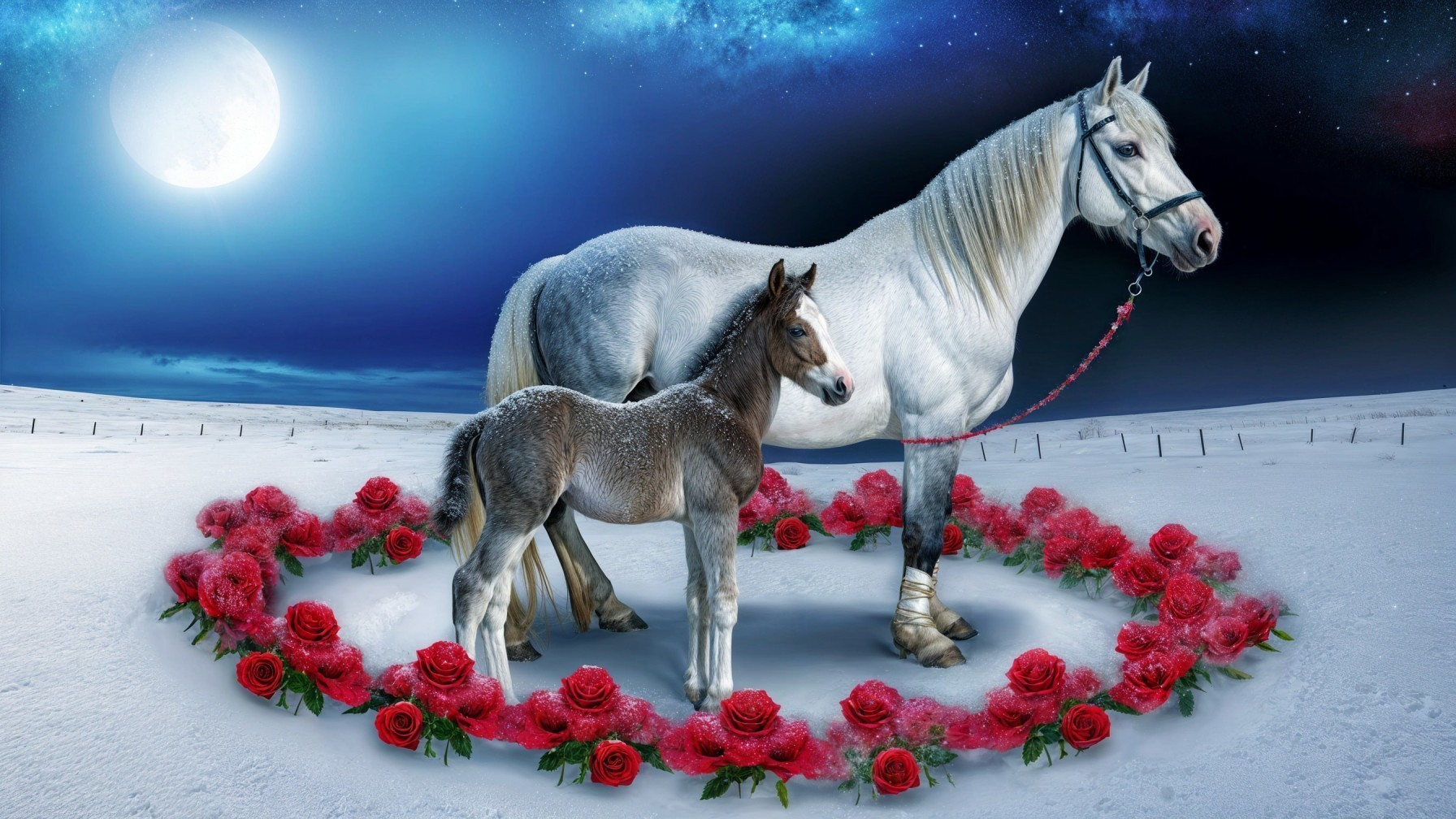 White Horse and Foal in Snowy Landscape with Roses