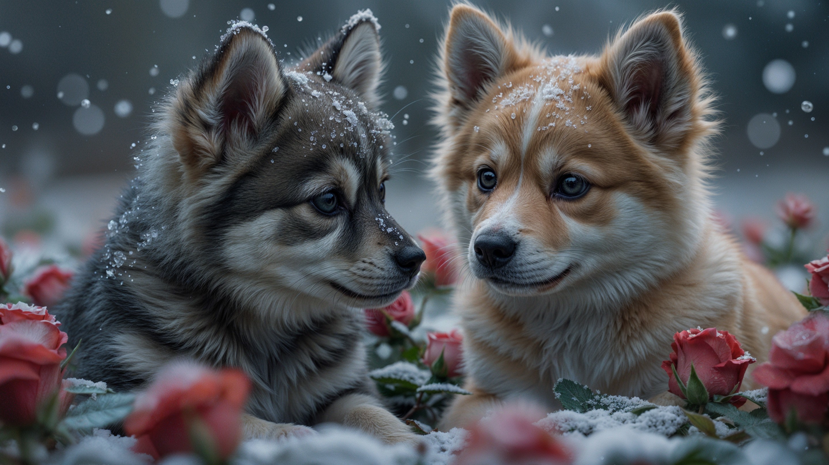 Puppies in Snowy Garden Surrounded by Pink Roses