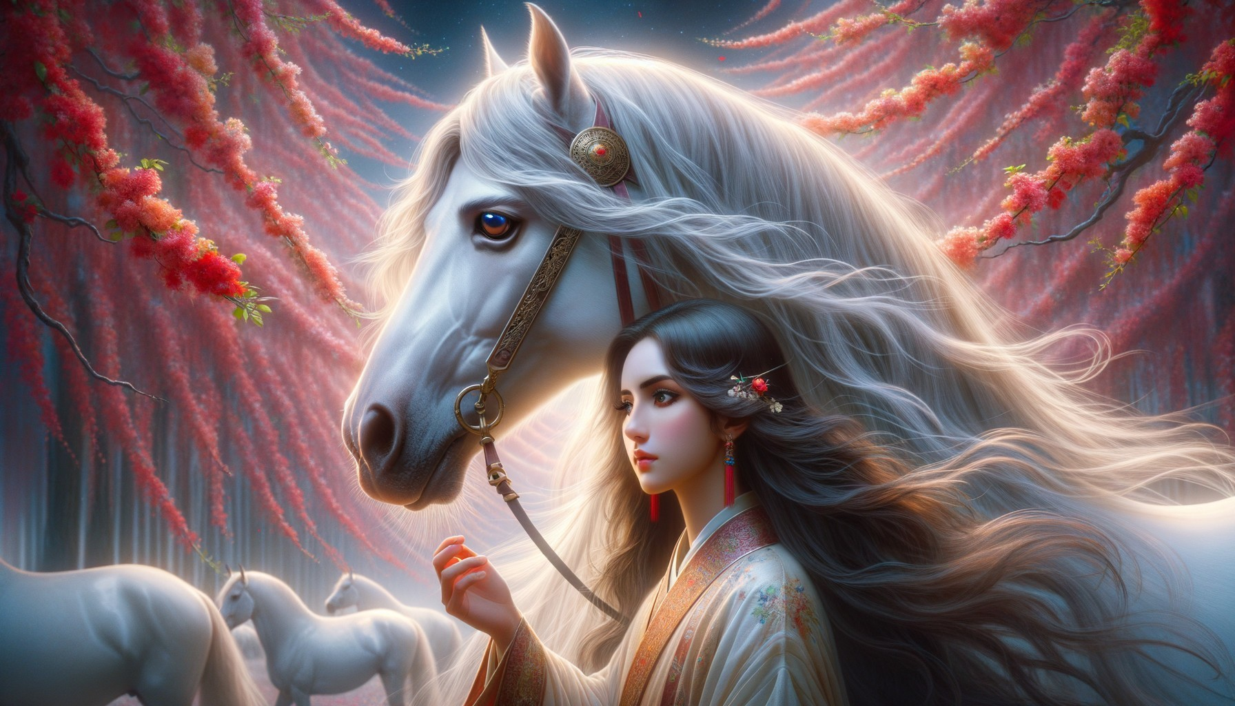 Young Woman in Gown with White Horse and Cherry Blossoms