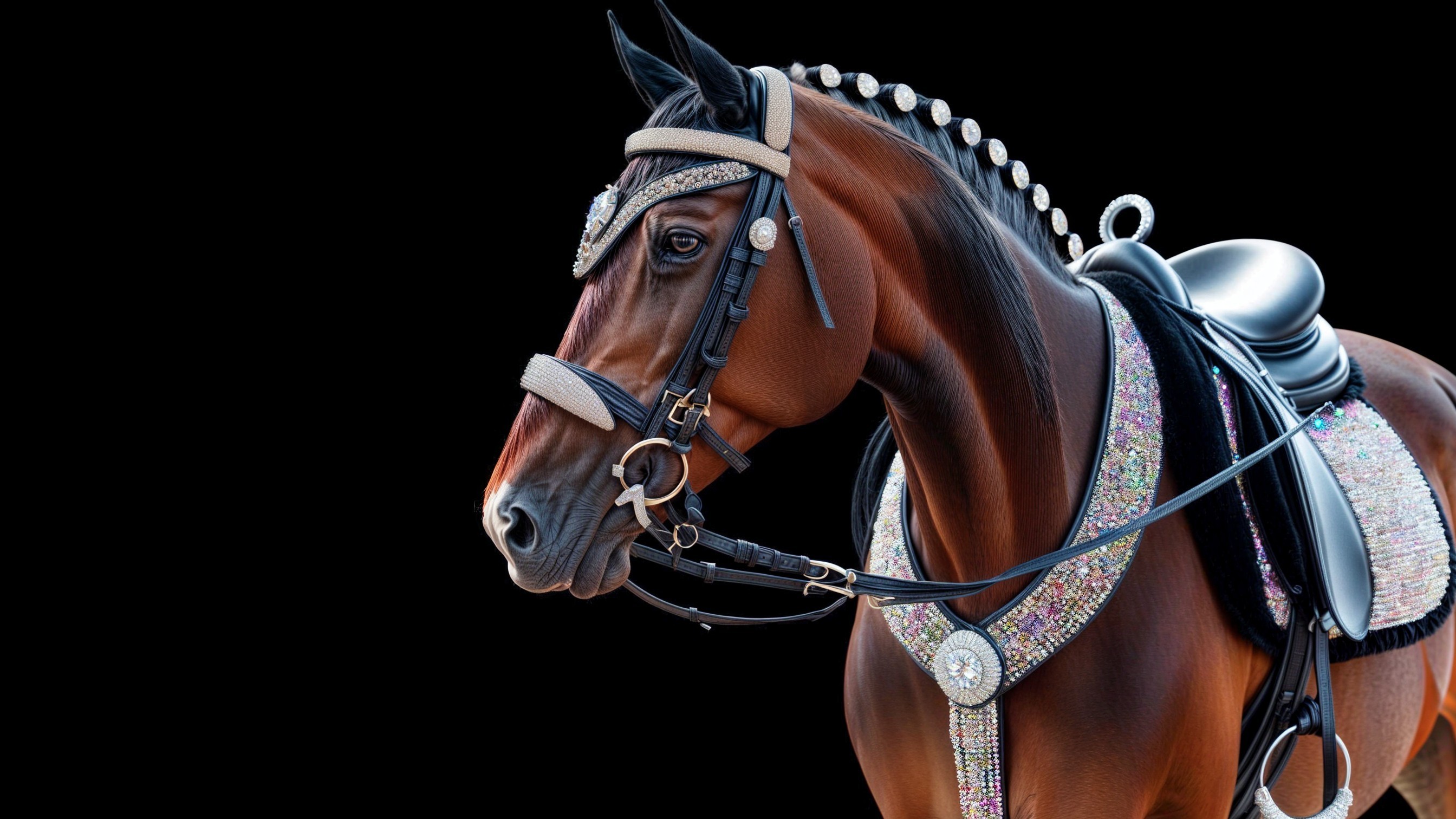 Elegant Bay Horse with Adorned Bridle and Saddle