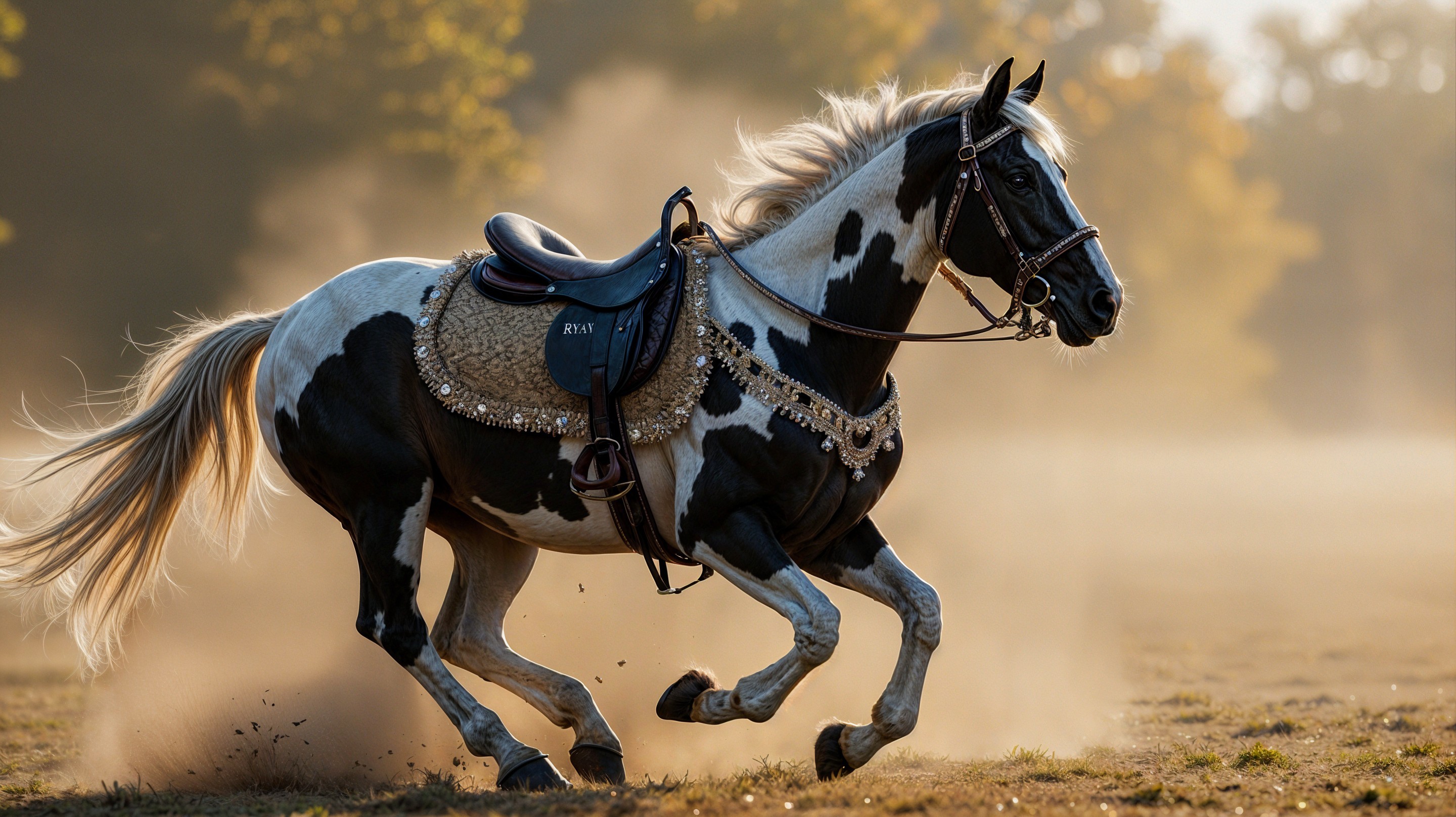 Black and White Horse Galloping in Misty Dawn Field