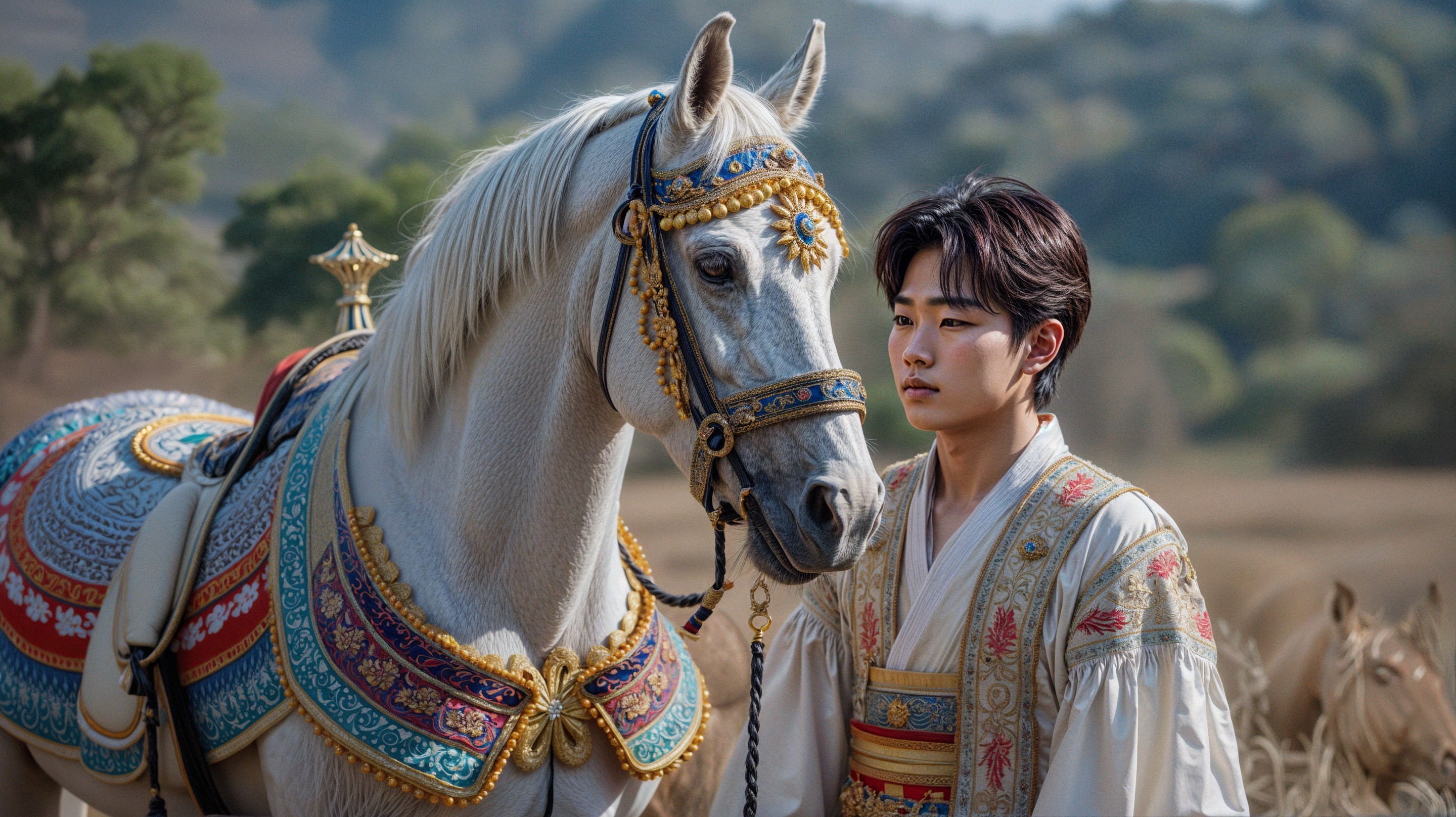 Young man in traditional attire with a white horse