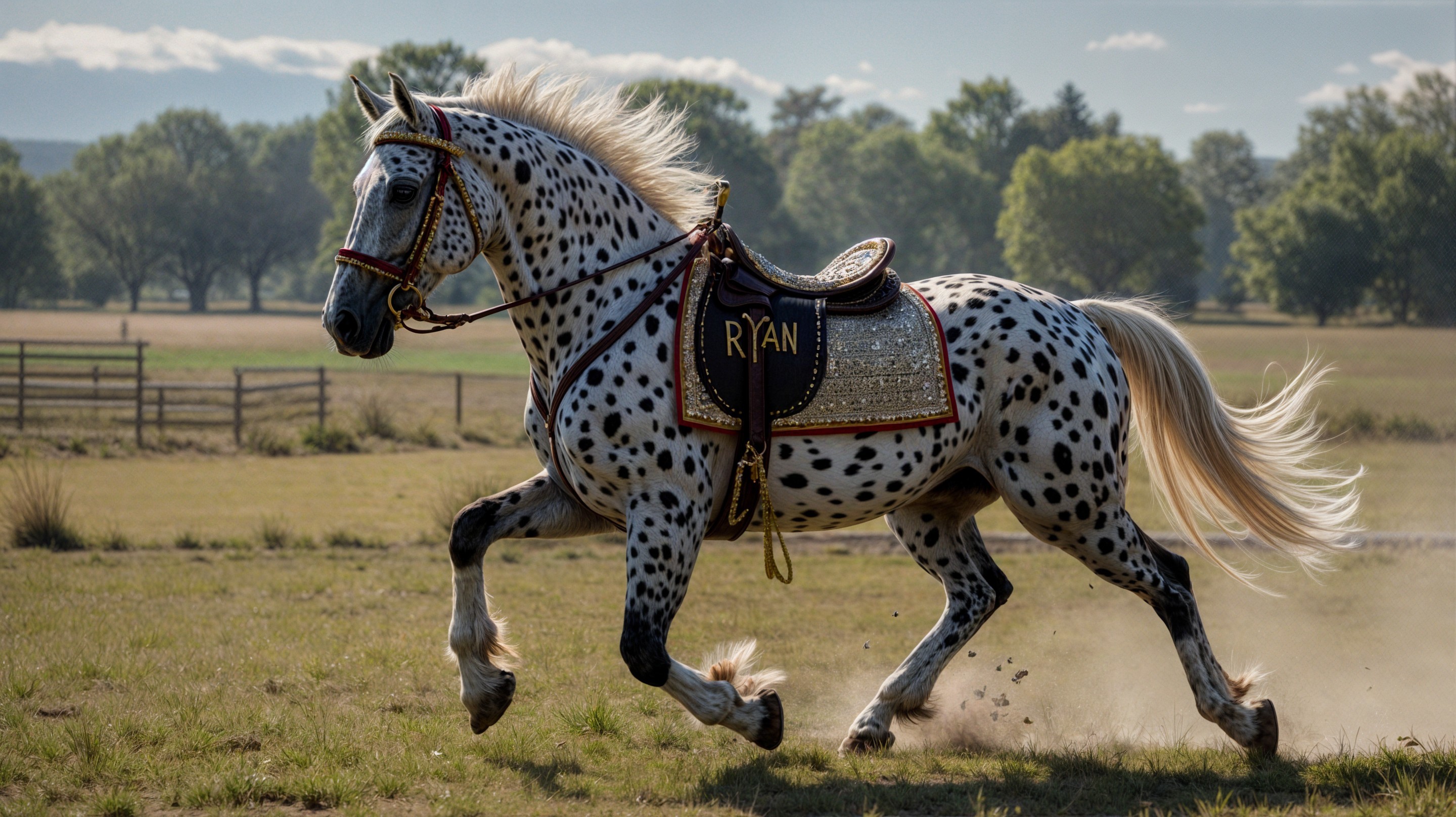 Spotted Horse with Golden Saddle in Scenic Field
