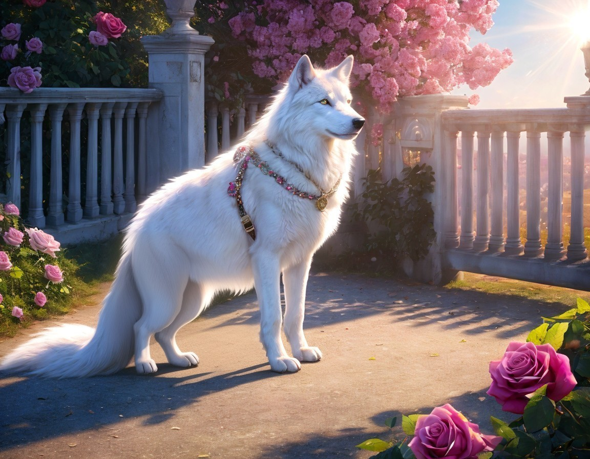 Majestic white wolf on a sunlit garden terrace