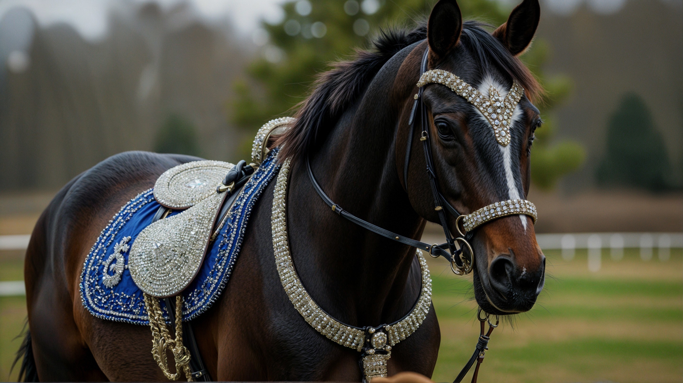 Majestic Horse with Embellished Saddle in Green Landscape