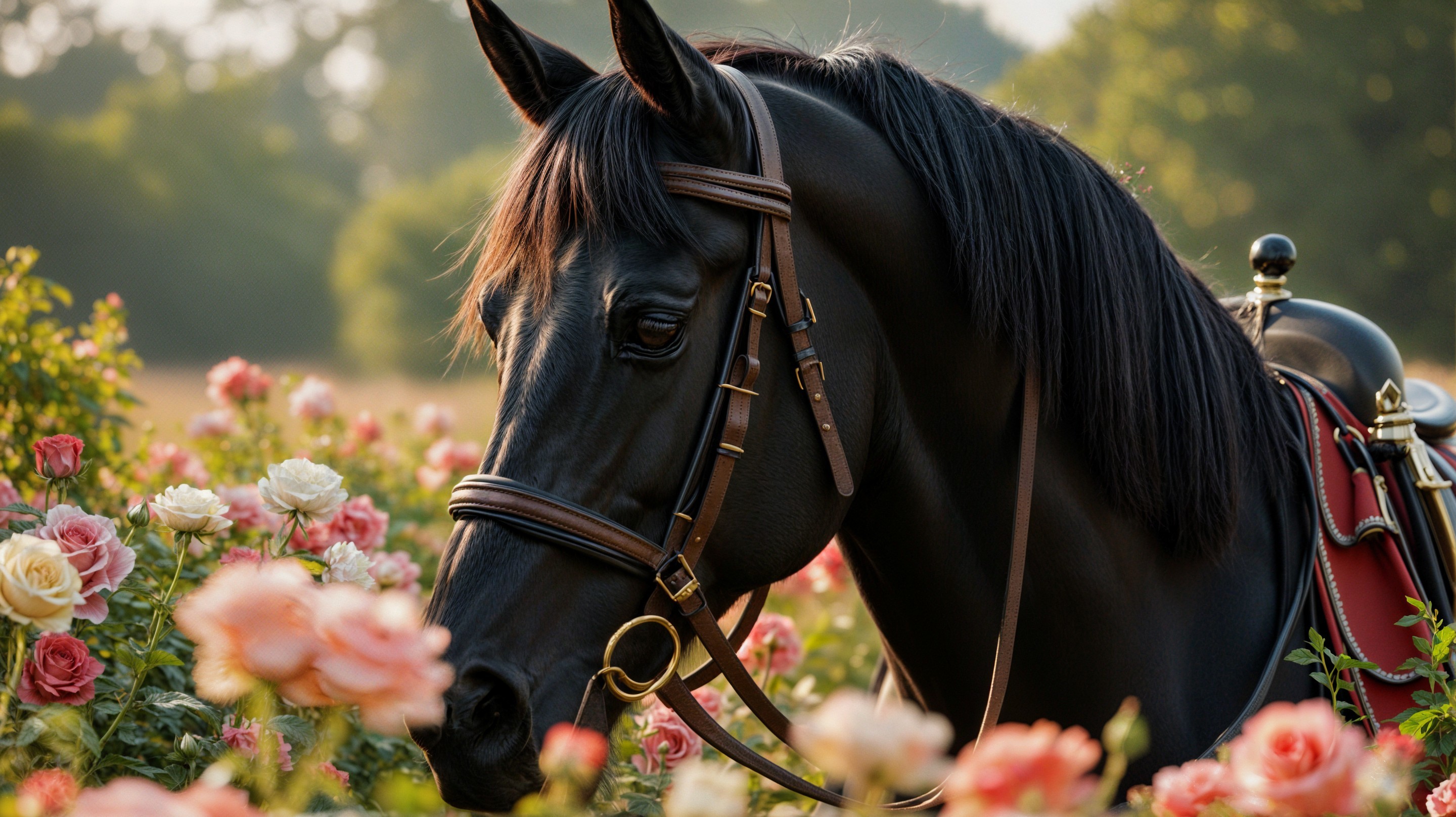 Black Horse in a Field of Colorful Roses