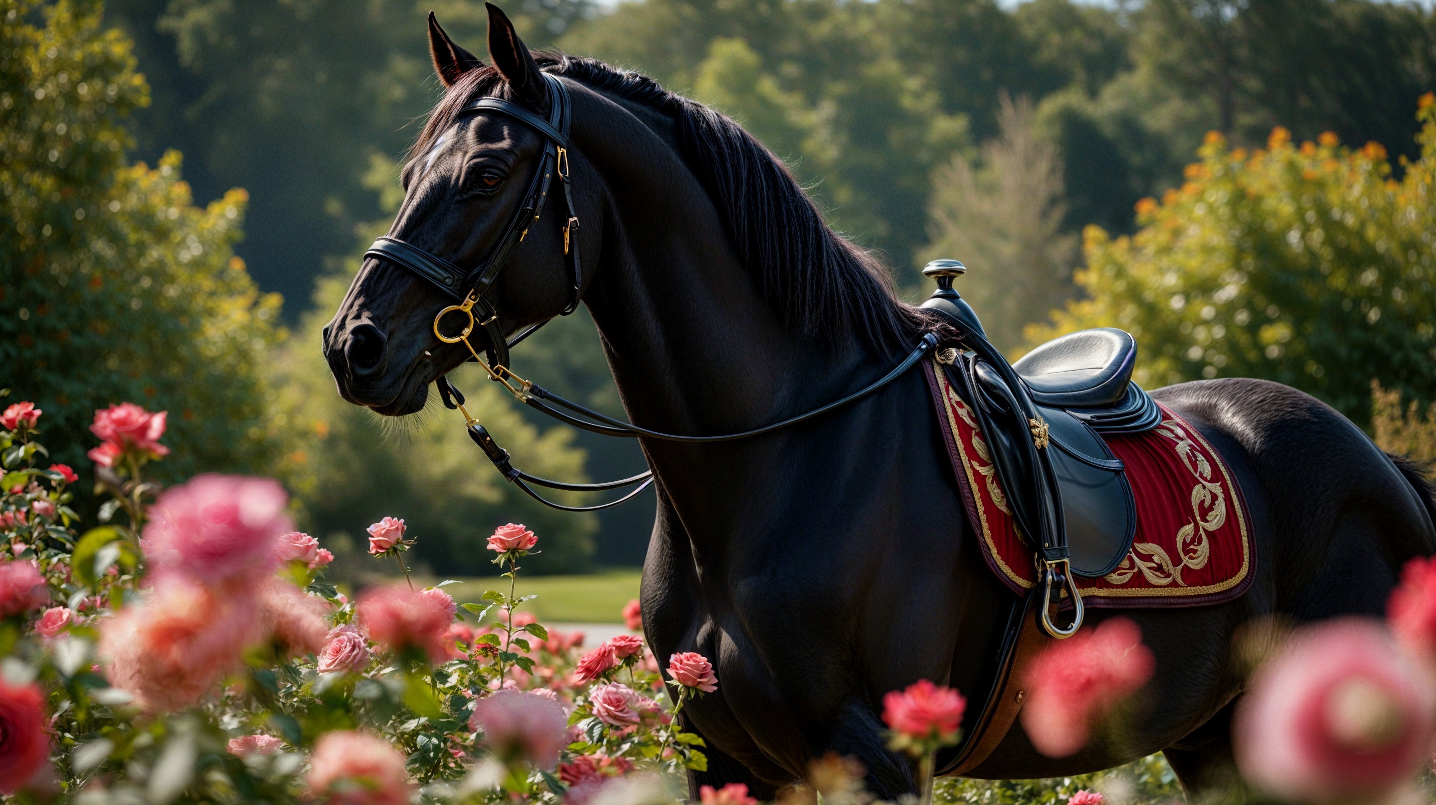 Black Horse in Blooming Rose Garden Setting