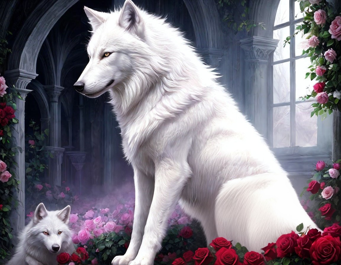 White Wolves Amidst Roses and Stone Architecture