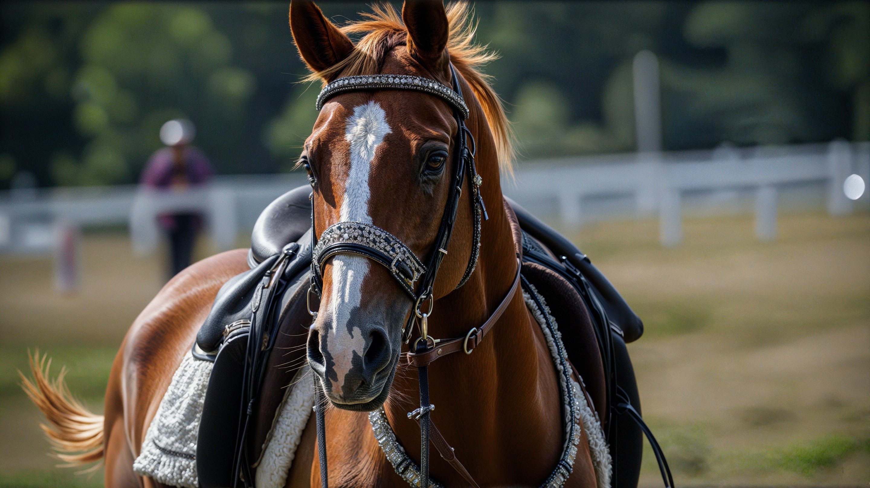 Close-up of a brown horse with bridle and saddle