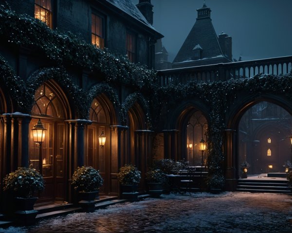 Moonlit Courtyard with Arches and Lanterns
