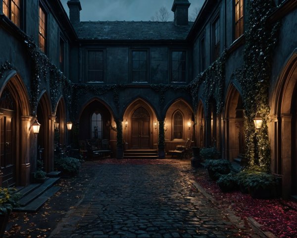 Mysterious Courtyard with Stone Arches and Ivy