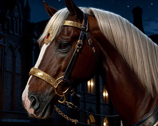 Majestic horse in ornate bridle in historical setting