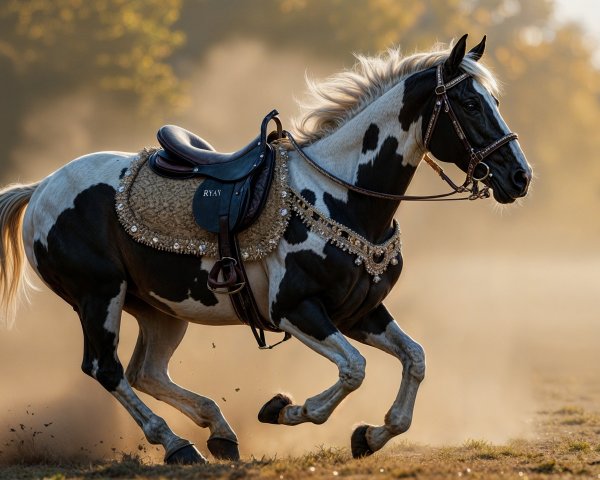 Black and White Horse Galloping in Misty Dawn Field