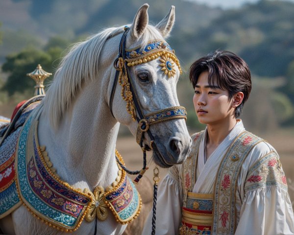 Young man in traditional attire with a white horse