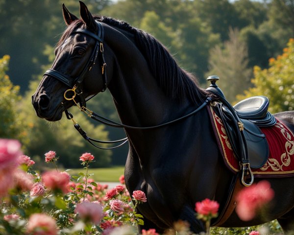 Black Horse in Blooming Rose Garden Setting