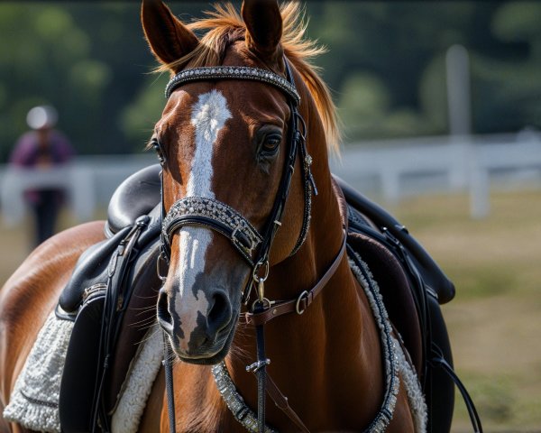 Close-up of a brown horse with bridle and saddle