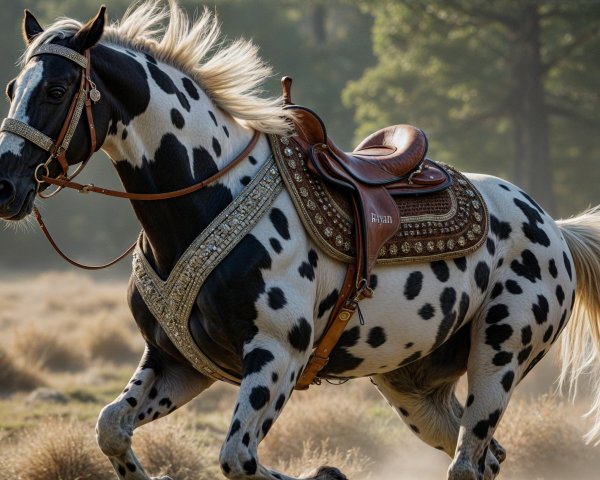 Black-and-white spotted horse in misty landscape