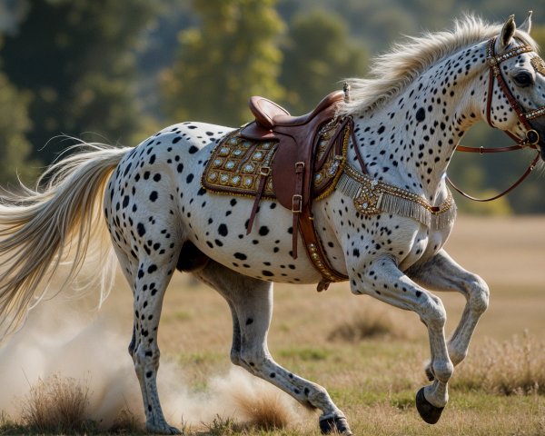 White-Spotted Horse Galloping in Sunlit Field