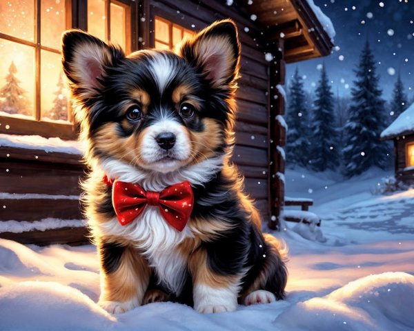 Puppy in Snowy Landscape with Cozy Cabin Background