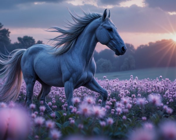 White Horse in Blooming Pink Flower Field at Sunset