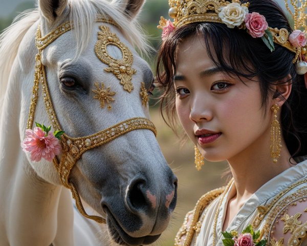 Young Woman in Floral Gown with Majestic White Horse