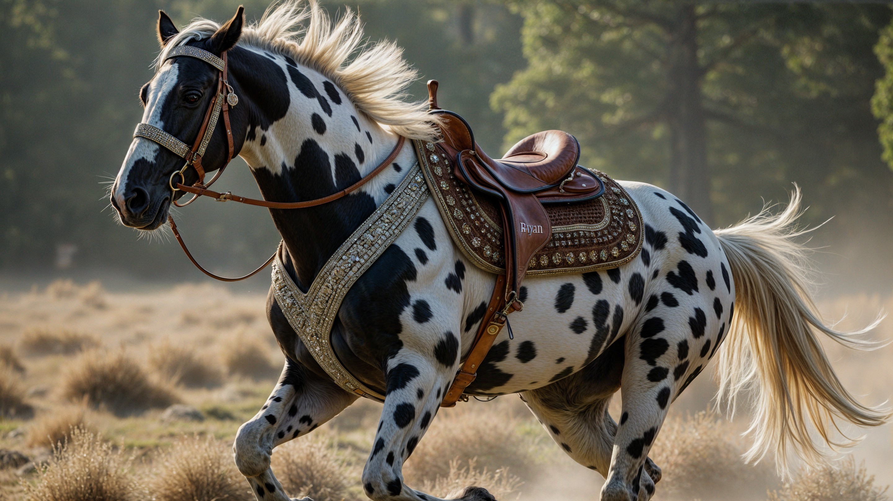 Black-and-white spotted horse in misty landscape