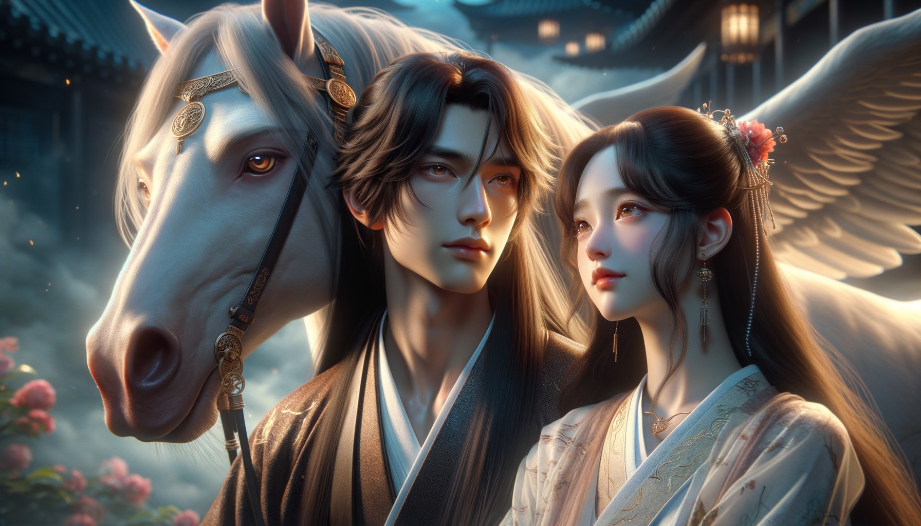 Mystical Scene of Young Couple with Winged Horse