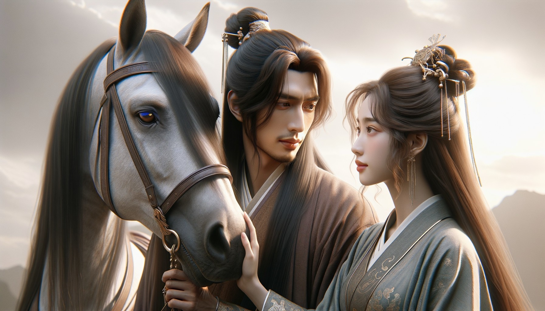 Young couple in traditional attire with a majestic horse