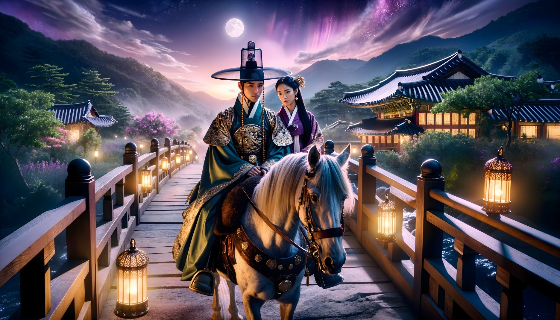 Regal Couple on White Horse Across Wooden Bridge