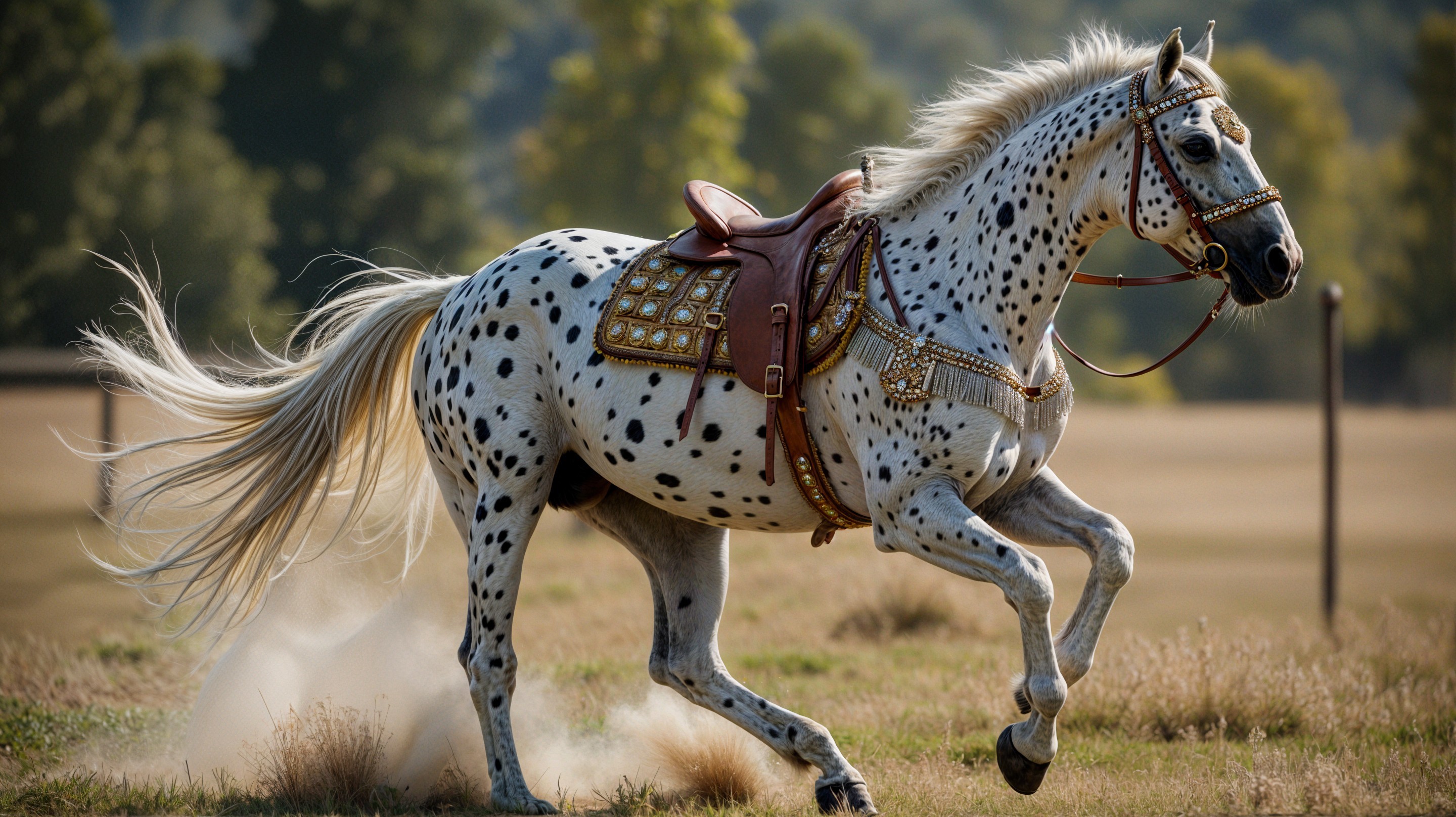 White-Spotted Horse Galloping in Sunlit Field