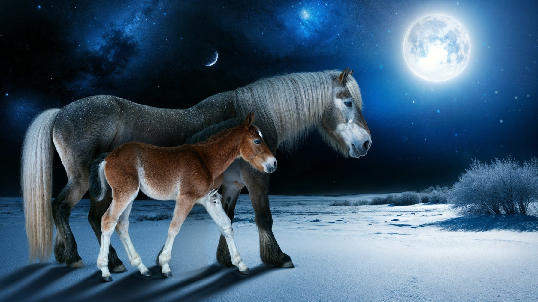 Horses Under Full Moon in Snowy Night Landscape