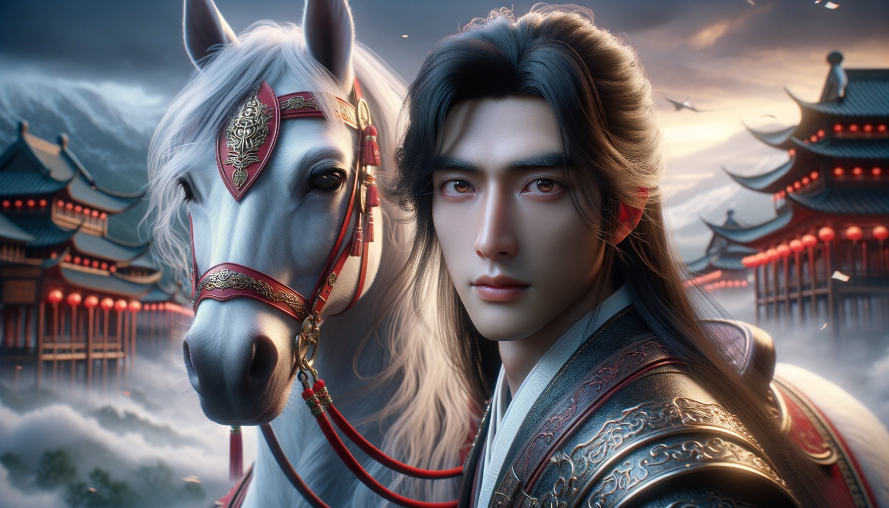 Young man and white horse in traditional attire