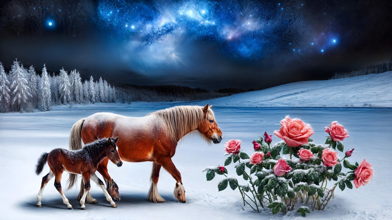 Winter Landscape with Horse, Foal, and Night Sky
