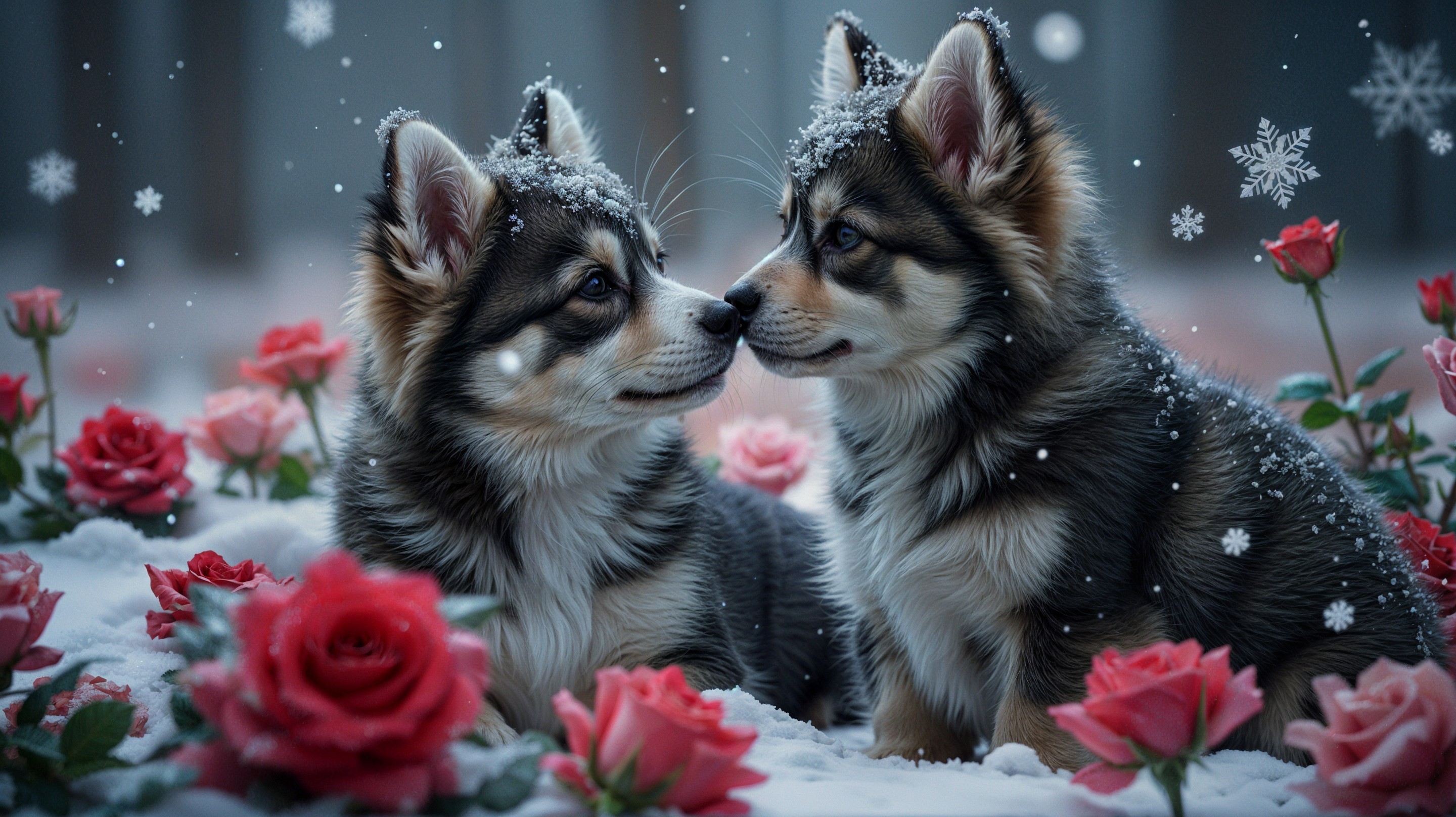 Puppies Surrounded by Snow and Pink Roses