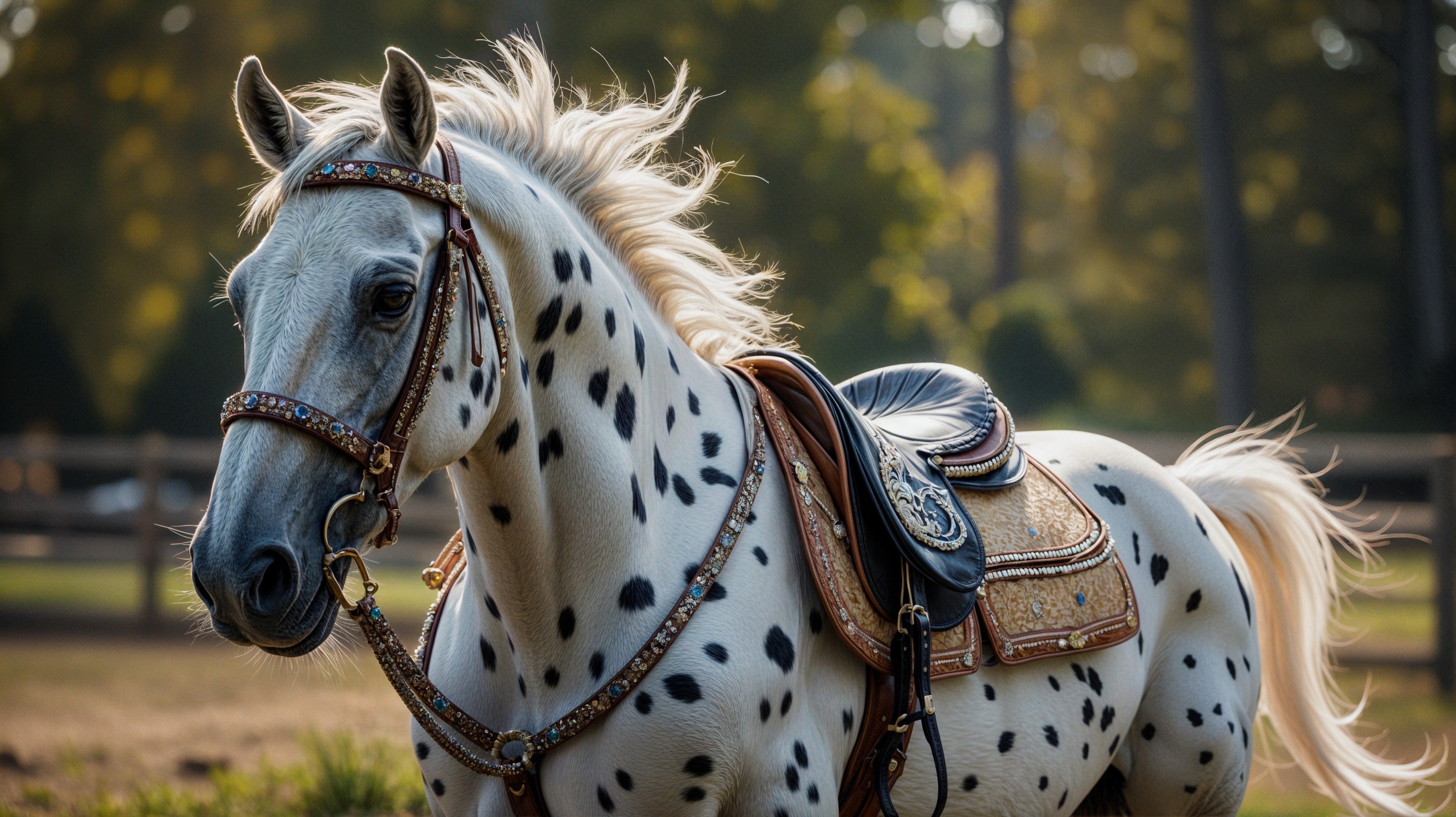 Decorative White Horse with Spotty Saddle in Nature