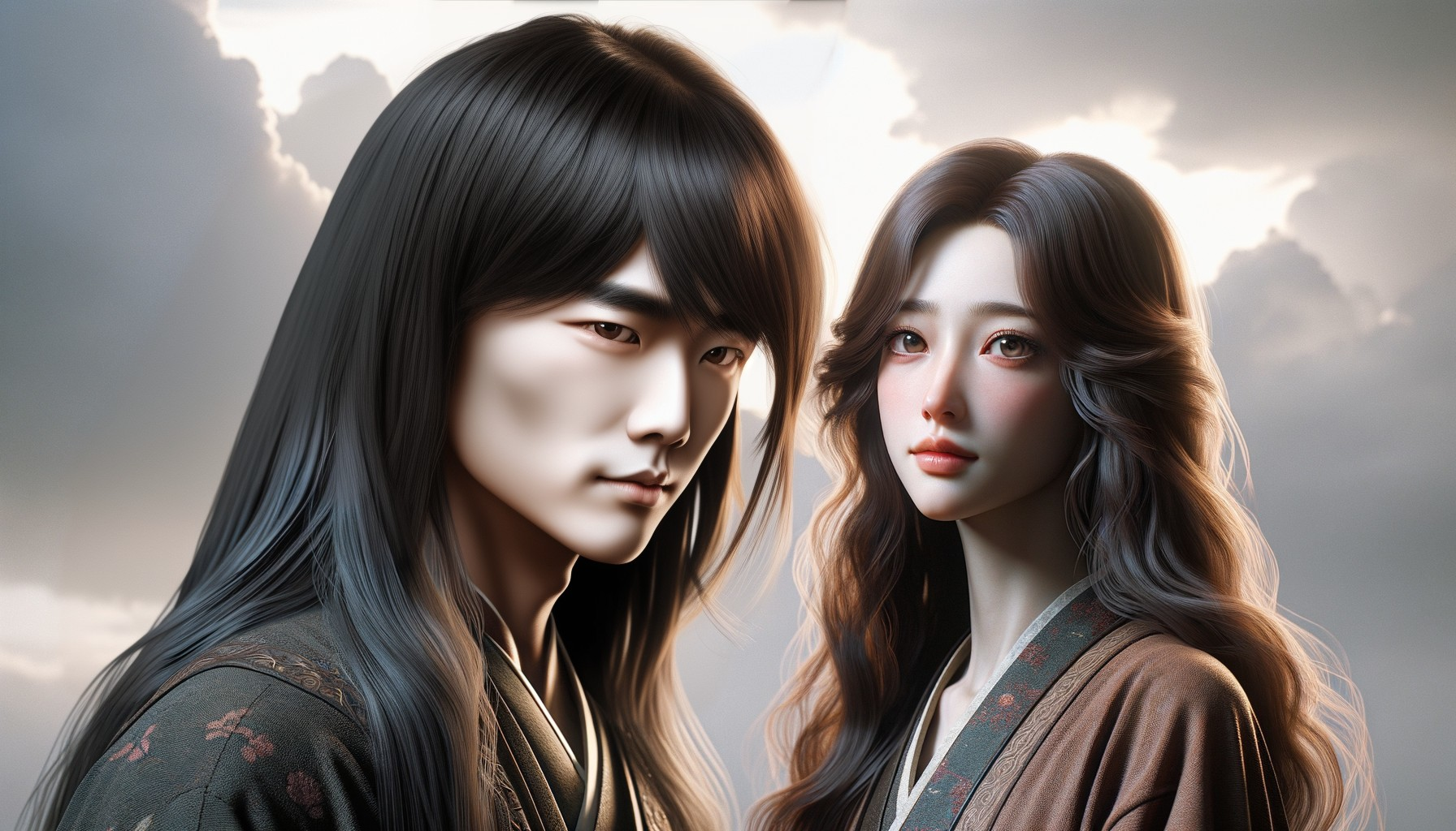 Young Couple in Traditional Attire Under Dramatic Sky