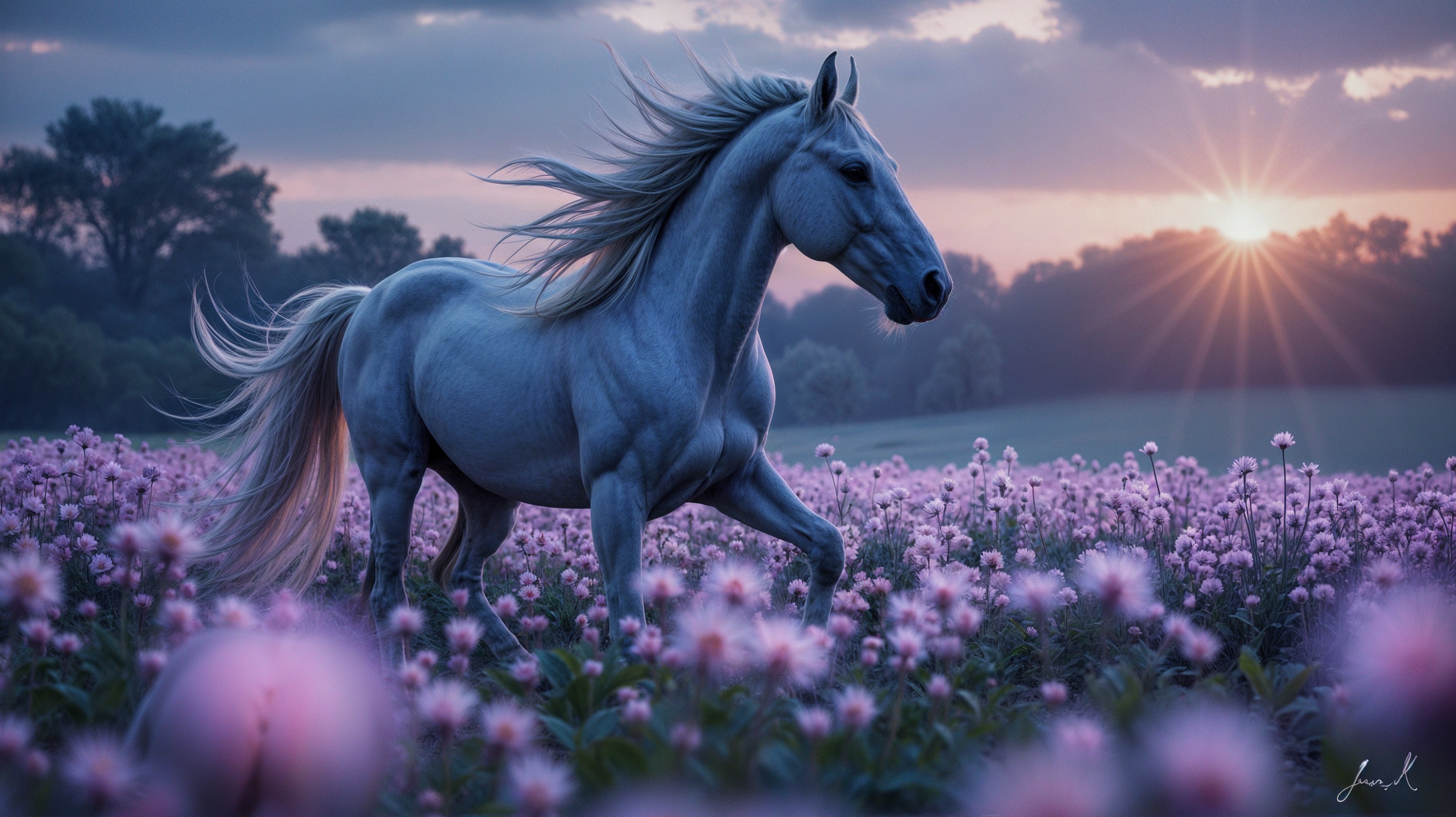 White Horse in Blooming Pink Flower Field at Sunset
