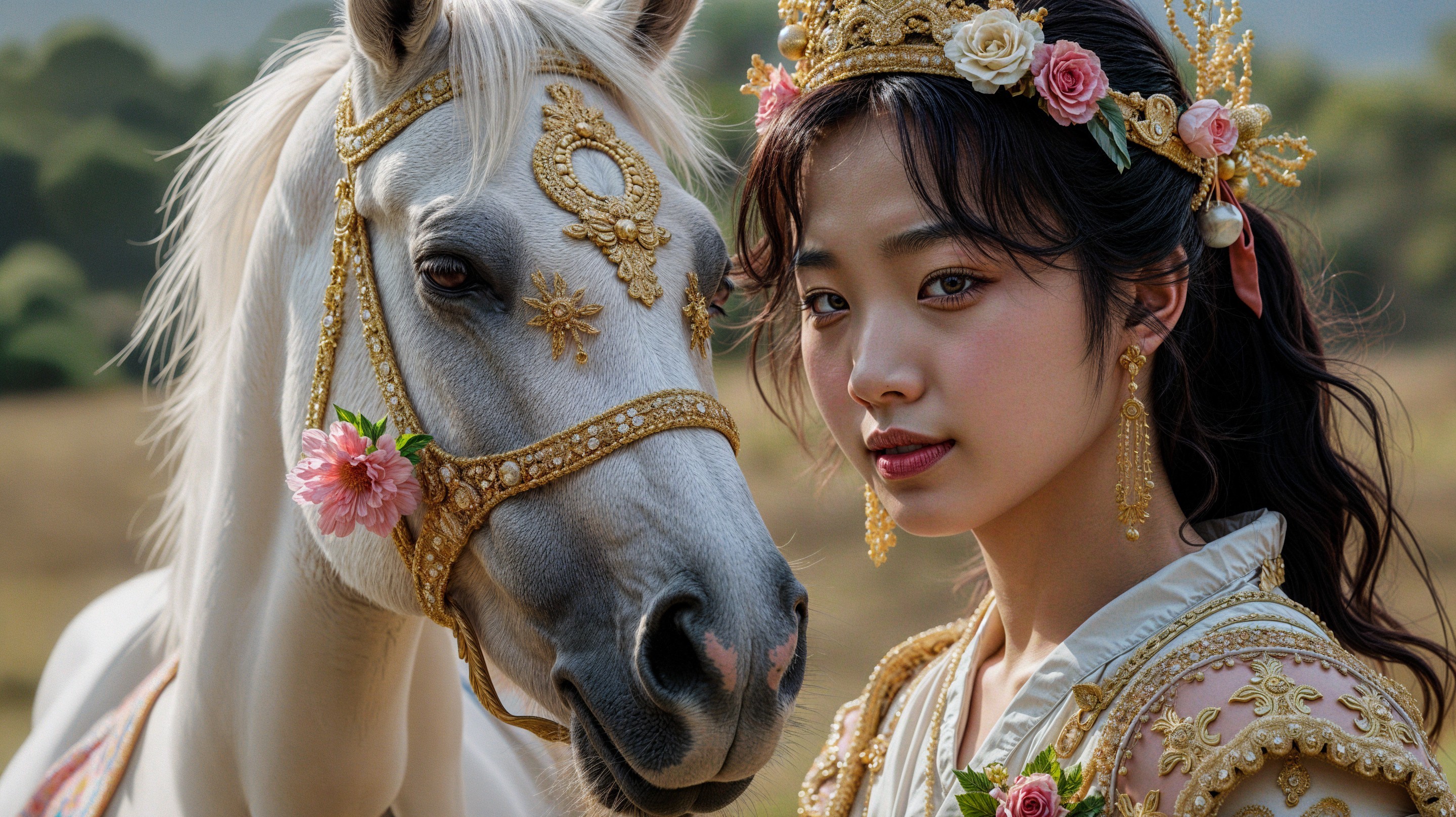 Young Woman in Floral Gown with Majestic White Horse