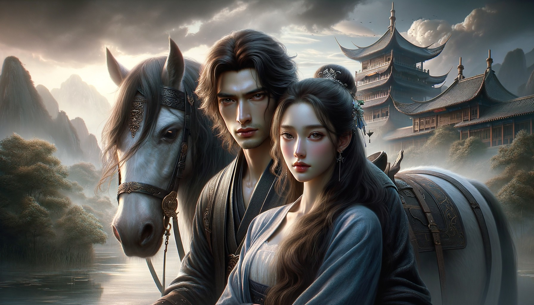 Couple and Horse in Serene Asian Landscape