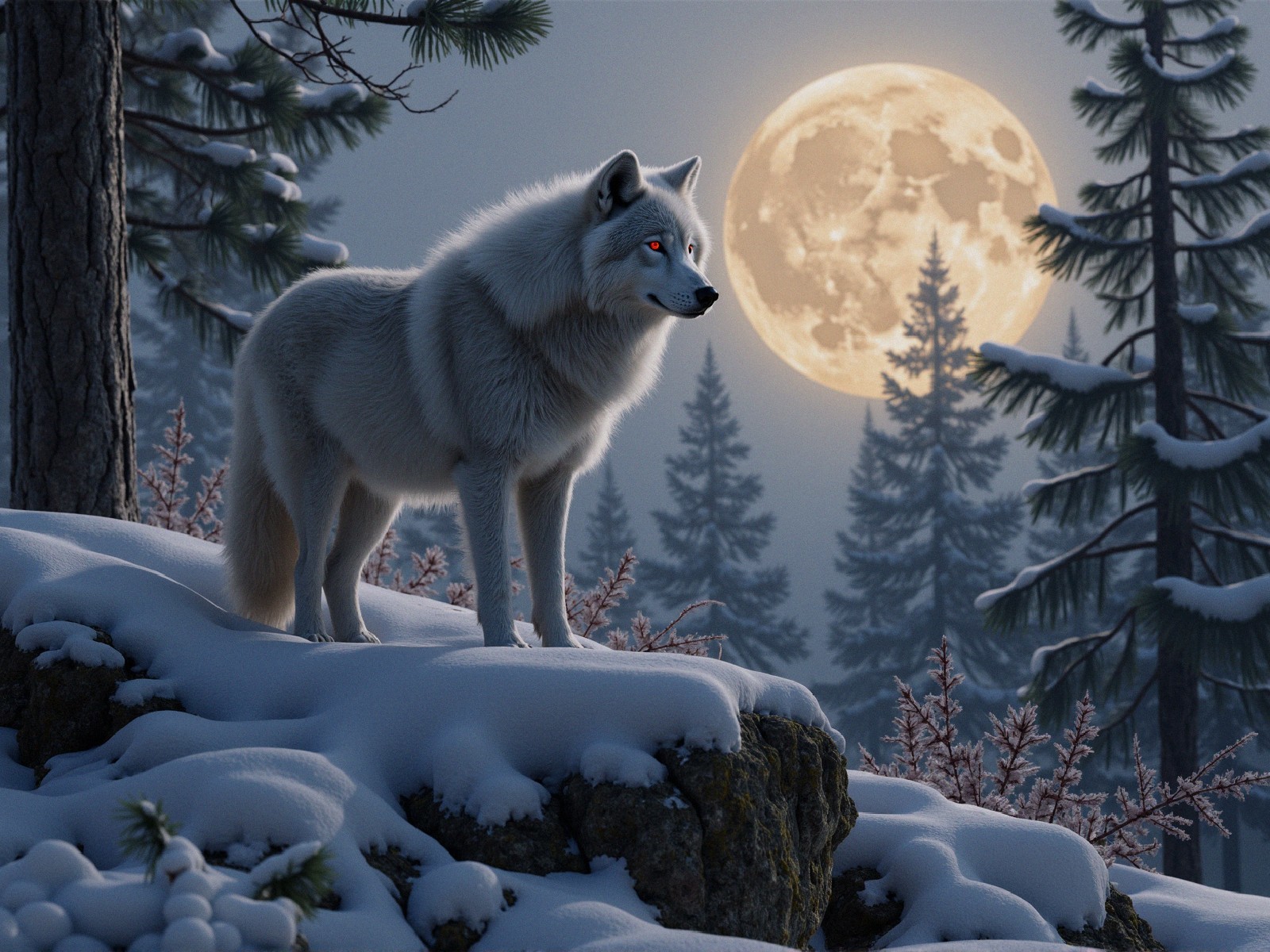 White Wolf on Rocky Outcrop in Winter Landscape