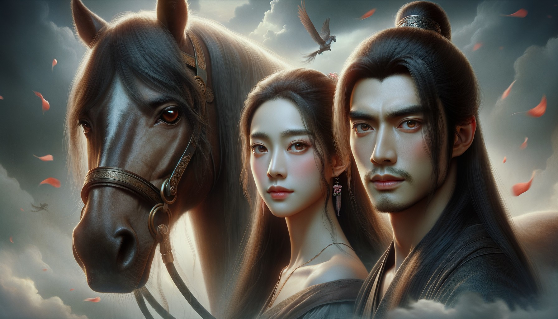 Dramatic Fantasy Scene with Young Couple and Horse